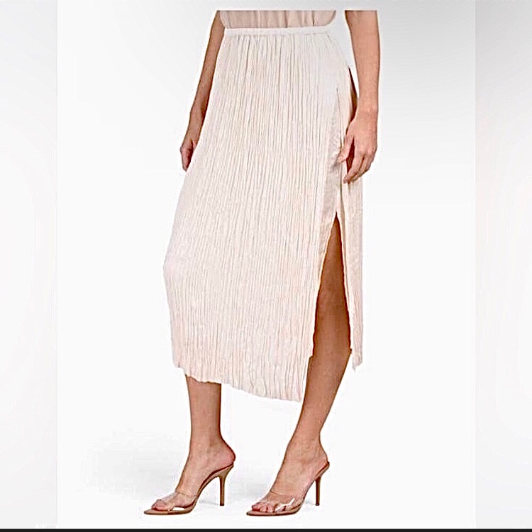 Vince Pleated Silk Effect Side Slits Cream Midi Skirt Sz.M